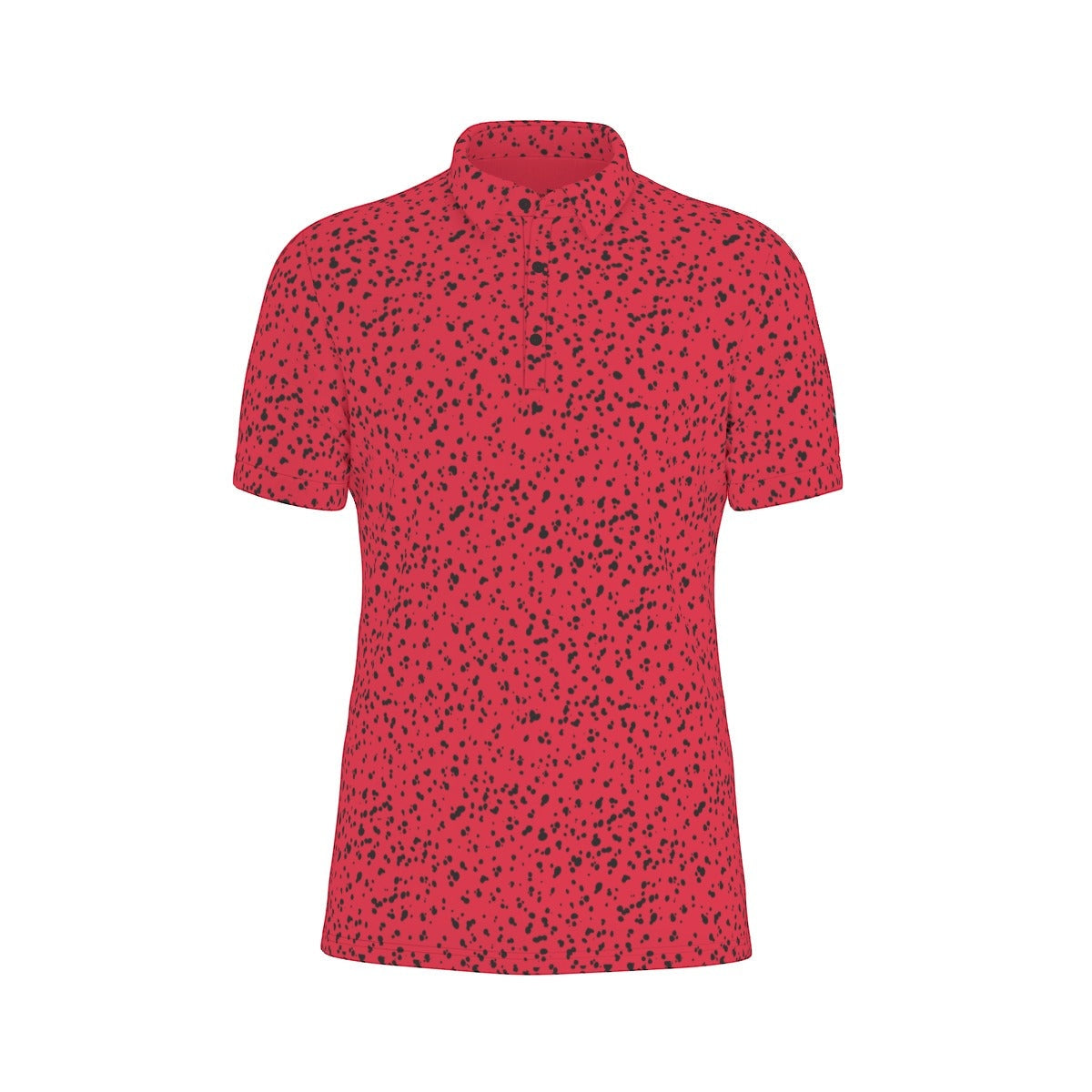 Red Fairway Splatter polo shirt with black speckled pattern, breathable and stretchy fabric blend, athletic fit with button placket and collar.