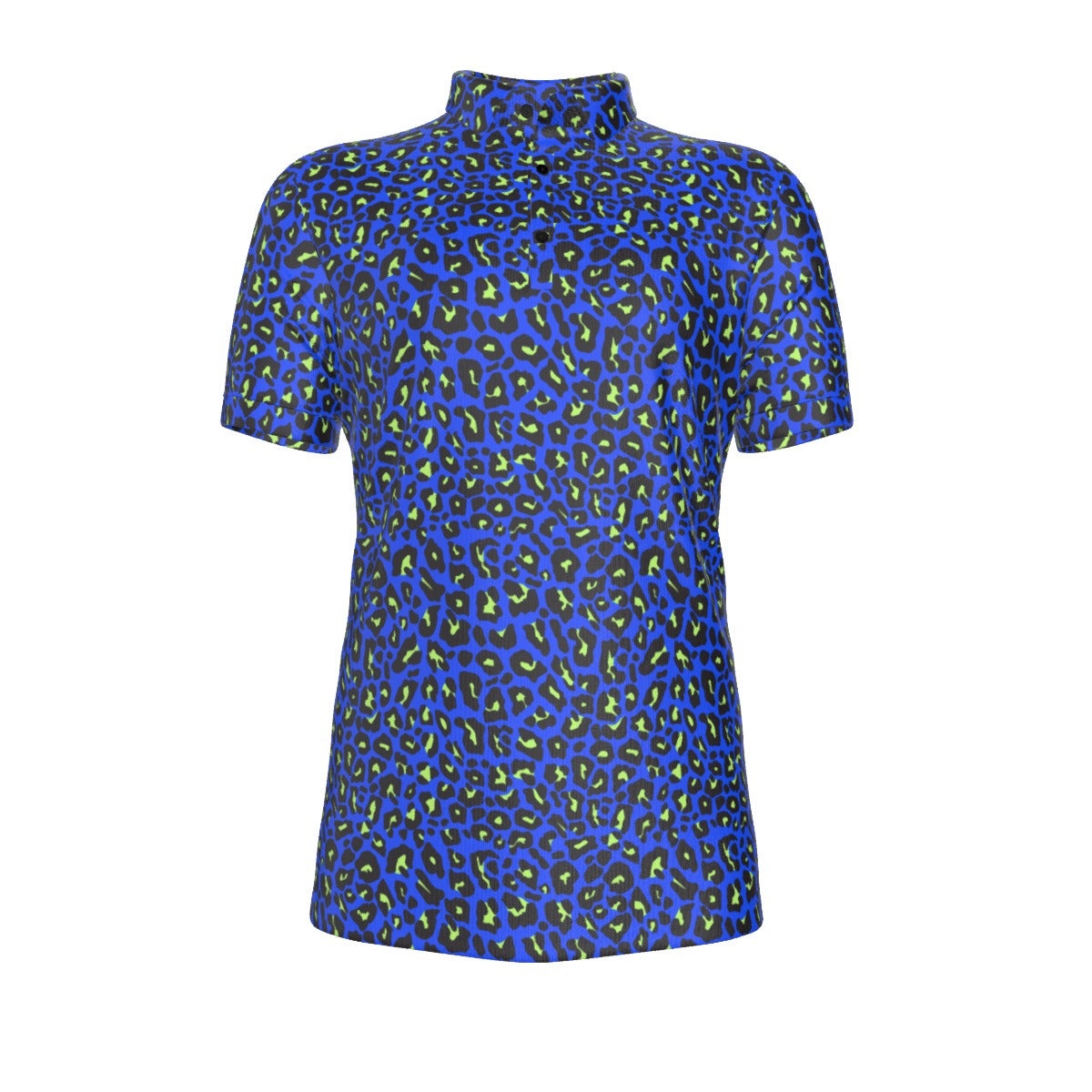 Blue cheetah camo polo shirt with breathable, stretchy fabric and athletic fit