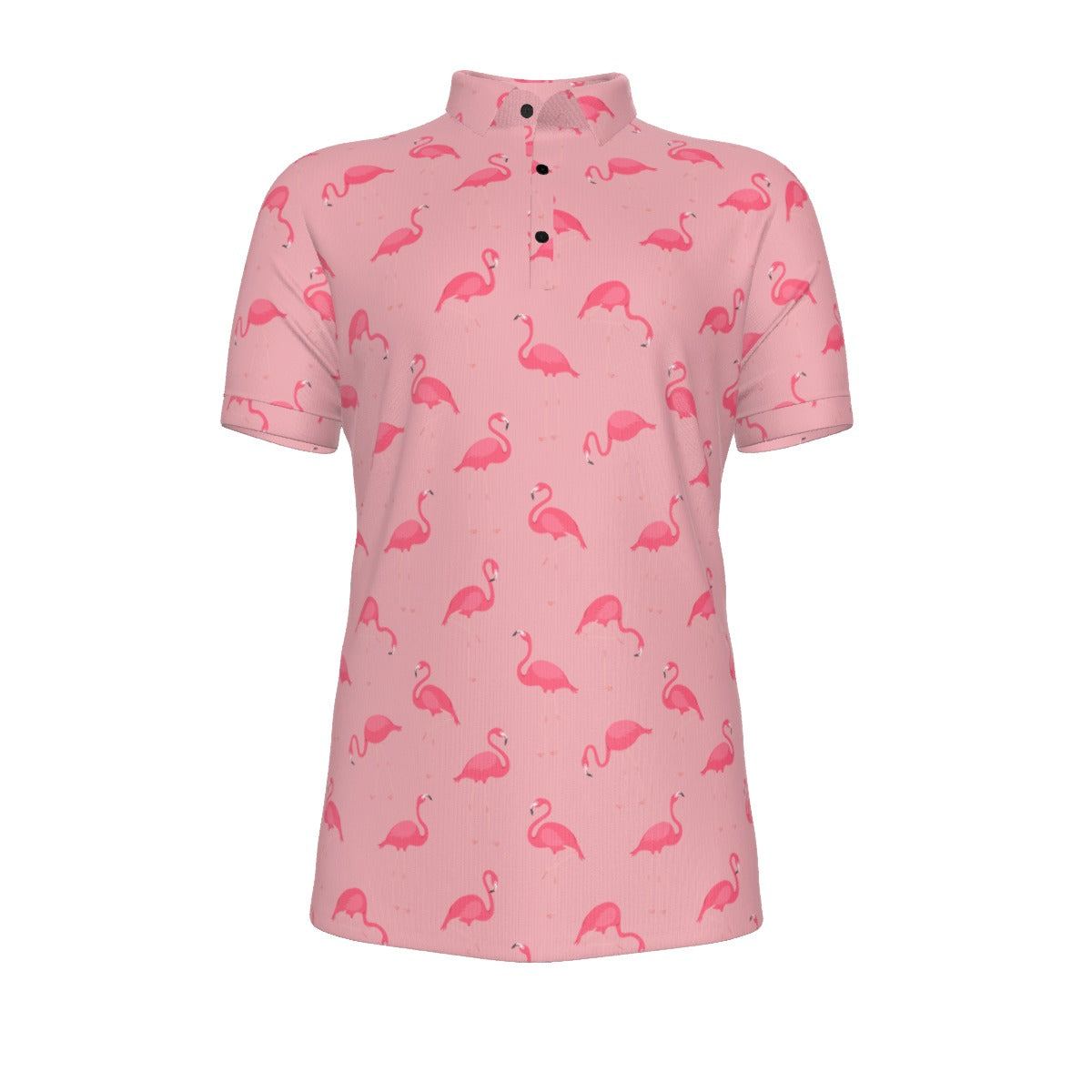 Pink Flamingo casual polo shirt with breathable polyester-spandex fabric and flamingo print design