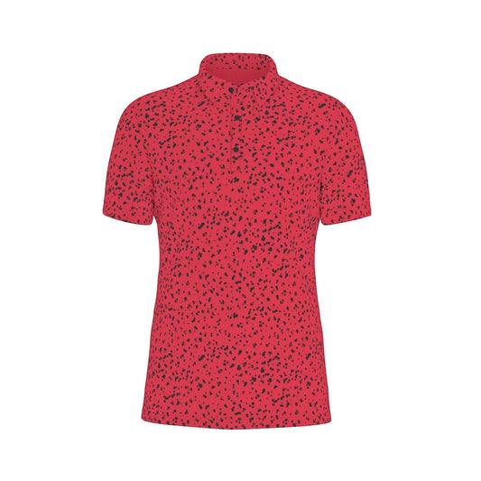 Red Fairway Splatter polo shirt with black speckled pattern, breathable and stretchy fabric blend, athletic fit with button placket and collar.