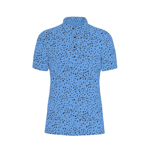 Blue Fairway Splatter polo shirt with black splatter pattern, breathable polyester-spandex fabric, button placket, and athletic fit.