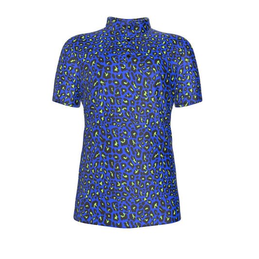 Blue cheetah camo polo shirt with breathable, stretchy fabric and athletic fit
