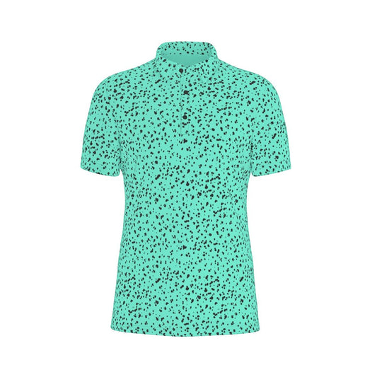 Fairway Splatter Aqua casual polo shirt with black splatter pattern, breathable polyester blend fabric, athletic fit, and button placket collar.